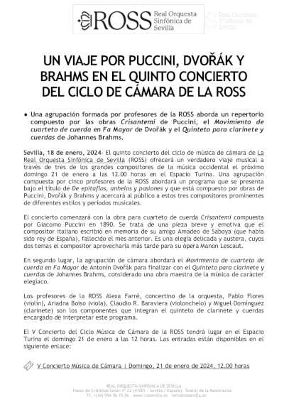 Un viaje por Puccini, Dvořák y Brahms en el quinto concierto del Ciclo de Cámara de la ROSS Un viaje por Puccini, Dvořák y Brahms en el quinto concierto del Ciclo de Cámara de la ROSS