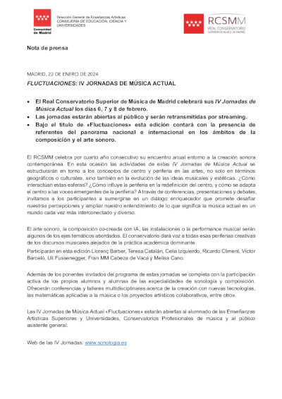 El Real Conservatorio Superior de Música de Madrid celebra sus IV Jornadas de Música Actual