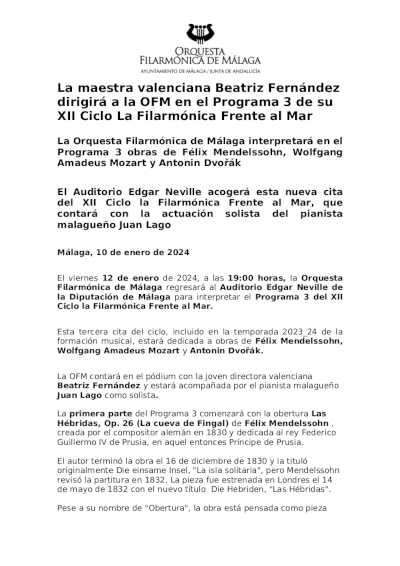 La maestra valenciana Beatriz Fernández dirigirá a la OFM en el Programa 3 de su XII Ciclo La Filarmónica Frente al Mar La maestra valenciana Beatriz Fernández dirigirá a la OFM en el Programa 3 de su XII Ciclo La Filarmónica Frente al Mar
