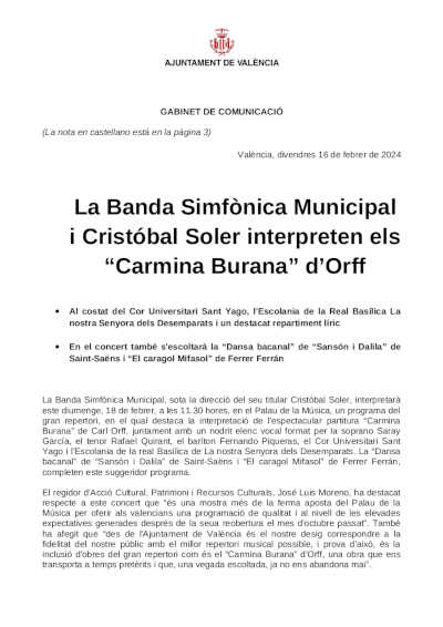 La Banda Sinfónica Municipal y el maestro Cristóbal Soler interpretan los “Carmina Burana” de Orff