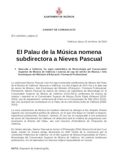 El Palau de la Música nombra subdirectora a Nieves Pascual