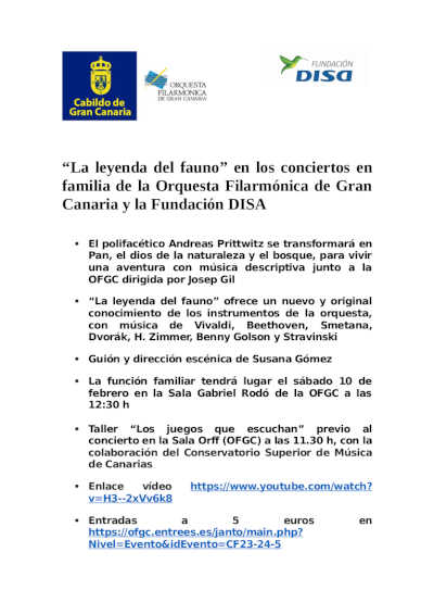 «La leyenda del fauno» en los conciertos en familia de la Orquesta Filarmónica de Gran Canaria y la Fundación DISA
