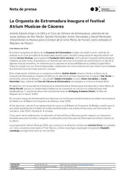 La Orquesta de Extremadura inaugura el festival Atrium Musicae de Cáceres