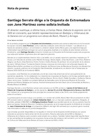 Santiago Serrate dirige a la Orquesta de Extremadura con Jone Martínez como solista invitada Santiago Serrate dirige a la Orquesta de Extremadura con Jone Martínez como solista invitada