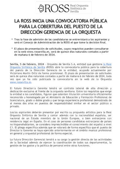 La ROSS inicia una convocatoria públicad para cubrir el puesto de la Dirección Gerencia de la Orquesta