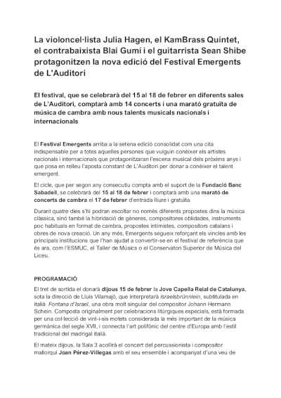 Julia Hagen, KamBrass Quintet, Blai Gumí y Sean Shibe protagonizan la nueva edición del Festival Emergents de L’Auditori