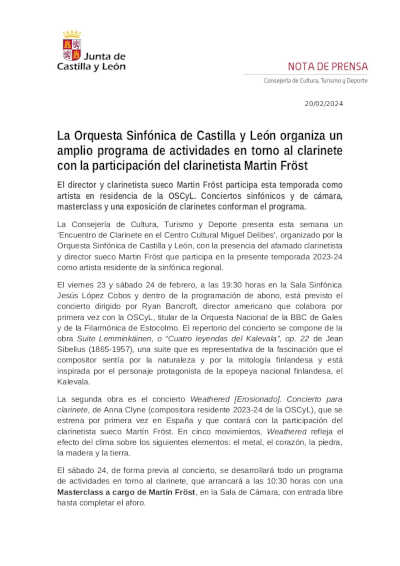 La Orquesta Sinfónica de Castilla y León organiza un amplio programa de actividades en torno al clarinete