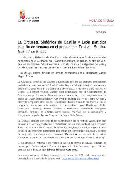 La Orquesta Sinfónica de Castilla y León participa este fin de semana en el prestigioso Festival Musika-Música de Bilbao