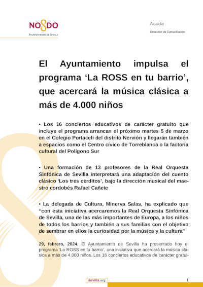 El Ayuntamiento impulsa el programa «La ROSS en tu barrio», que acercará la música clásica a más de 4.000 niños
