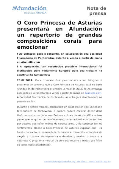 El Coro Princesa de Asturias presenta en Afundación un repertorio de grandes composiciones corales