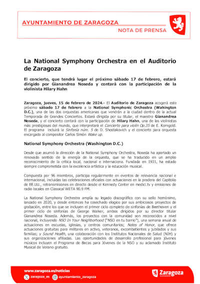 La National Symphony Orchestra en el Auditorio de Zaragoza dentro del Ciclo Grandes Conciertos