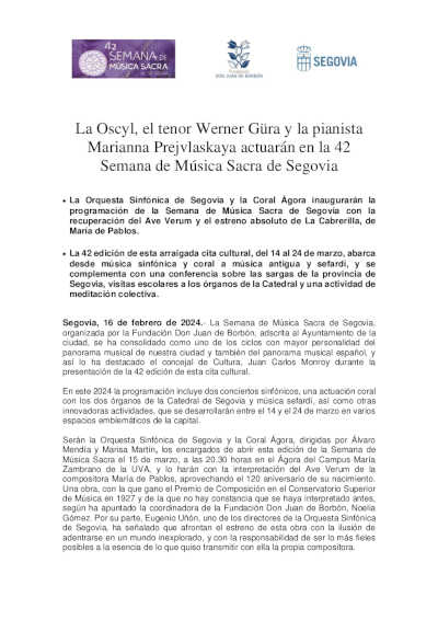 La OSCyL, el tenor Werner Güra y la pianista Marianna Prejvlaskaya actuarán en la 42 Semana de Música Sacra de Segovia
