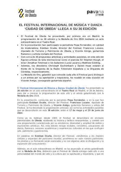 El Festival Internacional de Música y Danza «Ciudad de Úbeda» llega a su 36 edición