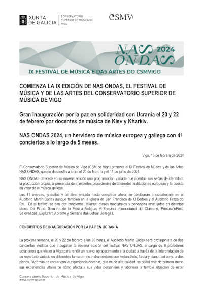 Comienza la IX edición de NAS ONDAS, festival de música y artes del Conservatorio Superior de Música de Vigo
