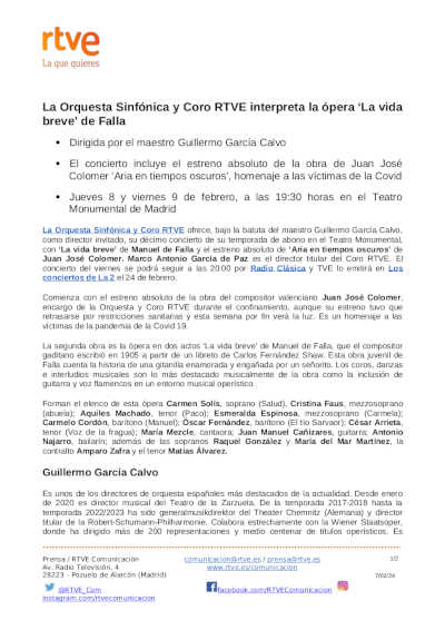 La Orquesta Sinfónica y Coro RTVE interpreta la ópera «La vida breve» de Falla La Orquesta Sinfónica y Coro RTVE interpreta la ópera «La vida breve» de Falla