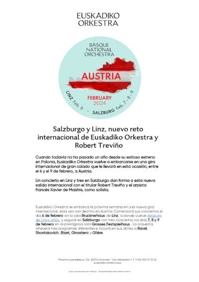 Salzburgo y Linz, nuevo reto internacional de Euskadiko Orkestra y Robert Treviño