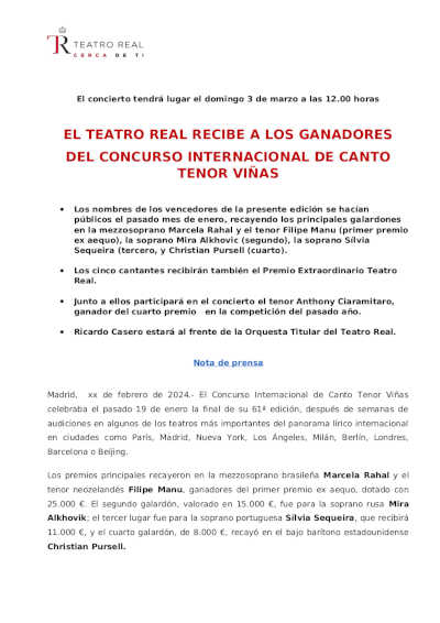 El Teatro Real recibe a los ganadores del Concurso Internacional de Canto Tenor Viñas