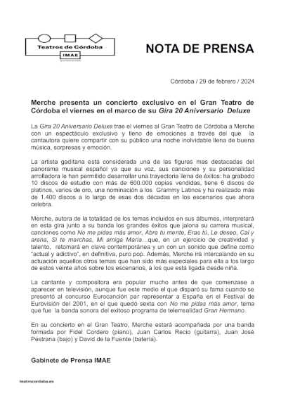 Merche presenta un concierto exclusivo en el Gran Teatro de Córdoba el viernes en el marco de su Gira 20 Aniversario Deluxe Merche presenta un concierto exclusivo en el Gran Teatro de Córdoba el viernes en el marco de su Gira 20 Aniversario Deluxe