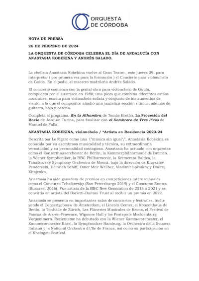 La Orquesta de Córdoba celebra el Día de Andalucía con Anastasia Kobelina y Andrés Salado La Orquesta de Córdoba celebra el Día de Andalucía con Anastasia Kobelina y Andrés Salado