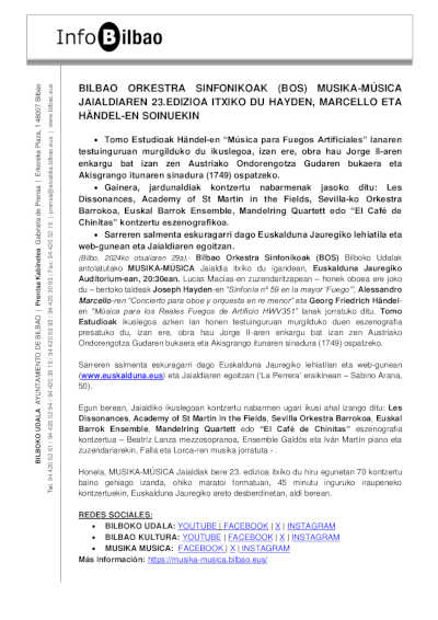 Bilbao Orkesta Sinfonicoa cerrará la edición 23 del Festival Musika-Música con Hayden, Marcelo y Händel