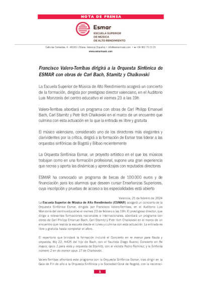 Francisco Valero-Terribas dirigirá la Orquesta Sinfónica de ESMAR con obras de Carl Bach, Stamitz y Chaikovski Francisco Valero-Terribas dirigirá la Orquesta Sinfónica de ESMAR con obras de Carl Bach, Stamitz y Chaikovski