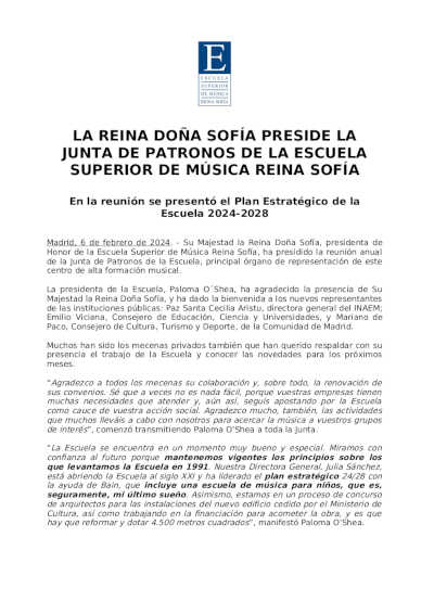 La Reina Doña Sofía preside la Junta de Patronos de la Escuela Superior de Música Reina Sofía