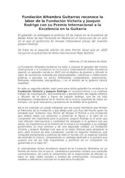 Fundación Alhambra Guitarras reconoce la labor de la Fundación Victoria y Joaquín Rodrigo Fundación Alhambra Guitarras reconoce la labor de la Fundación Victoria y Joaquín Rodrigo