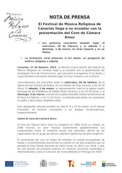 El Festival de Música Religiosa de Canarias llega a su ecuador con la presentación del Coro de Cámara Ainur