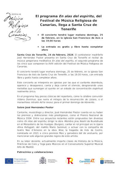 El programa En alas del espíritu, del Festival de Música Religiosa de Canarias, llega a Santa Cruz de Tenerife