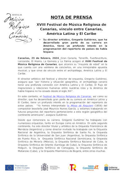 XVIII Festival de Música Religiosa de Canarias, vínculo entre Canarias, América Latina y El Caribe