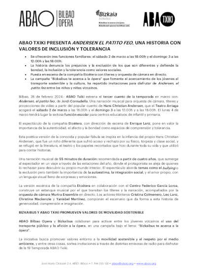 ABAO Txiki presenta «Andersen, el patito feo», una historia con valores de inclusión y tolerancia ABAO Txiki presenta «Andersen, el patito feo», una historia con valores de inclusión y tolerancia