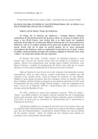 Blanca Paloma celebra el Día Internacional de la Mujer en la Sala Itubi del Palau de la Música