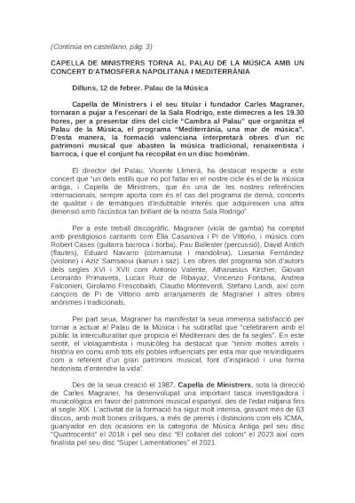 Capella de Ministrers vuelve al Palau de la Música con un concierto de atmósfera napolitana y mediterránea