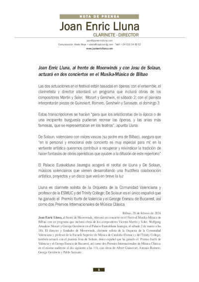 Joan Enric Lluna, al frente de Moonwinds y con Josu de Solaun, actuará en dos conciertos en el Musika-Música de Bilbao