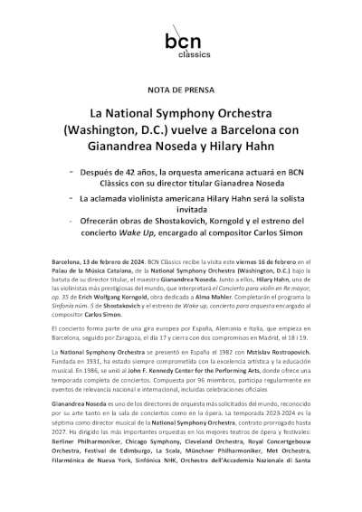 La National Symphony Orchestra (Washington, D.C.) vuelve a Barcelona con Gianandrea Noseda y Hilary Hahn