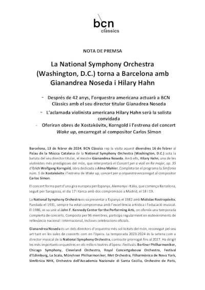 La National Symphony Orchestra (Washington, D.C.) vuelve a Barcelona con Gianandrea Noseda y Hilary Hahn