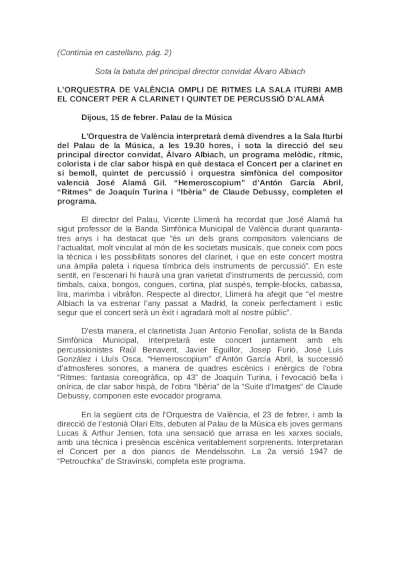 La Orquesta de València llena de ritmos la Sala Itubi con el Concierto para clarinete y quinteto para percusión de Alamá
