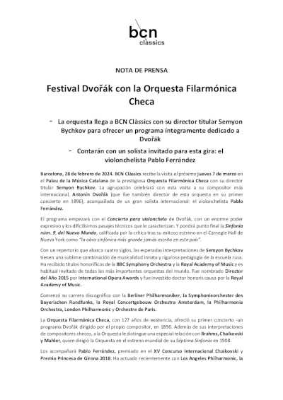 Festival Dvořák con la Orquesta Filarmónica Checa en Barcelona