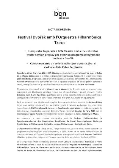 Festival Dvořák con la Orquesta Filarmónica Checa en Barcelona