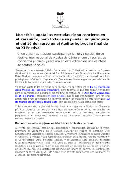 Musethica agota las entradas en el Paraninfo, pero todavía se pueden adquirir para el Auditorio