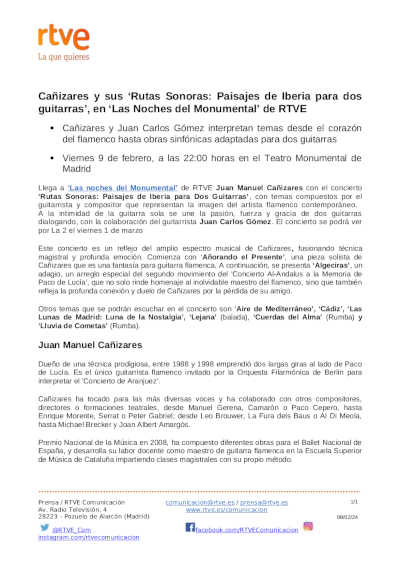 Cañizares y sus «Rutas Sonoras: Paisajes de Iberia para dos guitarras», en «Las Noches del Monumental» de RTVE Cañizares y sus «Rutas Sonoras: Paisajes de Iberia para dos guitarras», en «Las Noches del Monumental» de RTVE