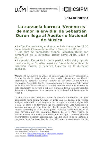 La zarzuela barroca «Veneno es de amor la envidia» de Sebastián Durón llega al Auditorio Nacional de Música