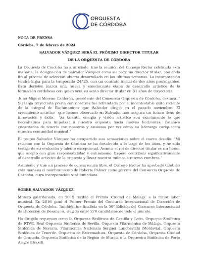 El maestro Salvador Vázquez será el próximo director titular de la Orquesta de Córdoba