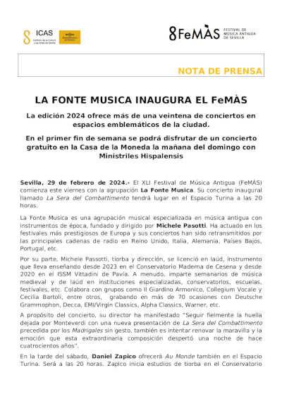 La agrupación La Fonte Musica será la encargada de inaugurar la XLI edición del FeMÁS