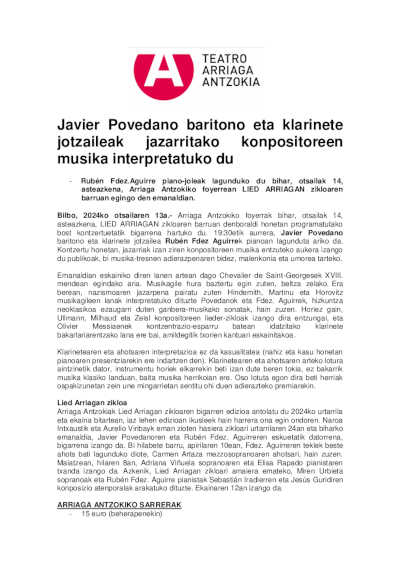 El barítono y clarinetista Javier Povedano interpreta la música de compositores perseguidos