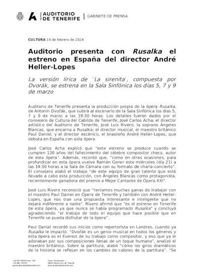 Auditorio presenta con Rusalka el estreno  en España del director André Heller-Lopes