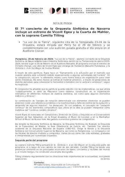 El 7º concierto de la Orquesta Sinfónica de Navarra incluye un estreno de Vicent Egea y la Cuarta de Mahler El 7º concierto de la Orquesta Sinfónica de Navarra incluye un estreno de Vicent Egea y la Cuarta de Mahler