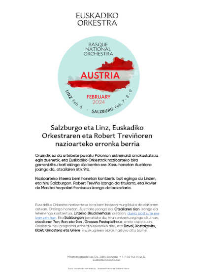 Salzburgo y Linz, nuevo reto internacional de Euskadiko Orkestra y Robert Treviño