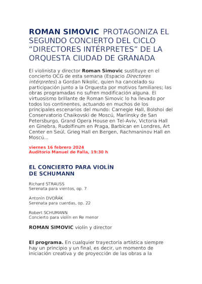 Roman Simovic protagoniza el segundo concierto del ciclo «Directores intérpretes»