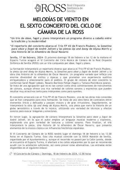 Melodías de viento en el sexto concierto del Ciclo de Cámara de la ROSS